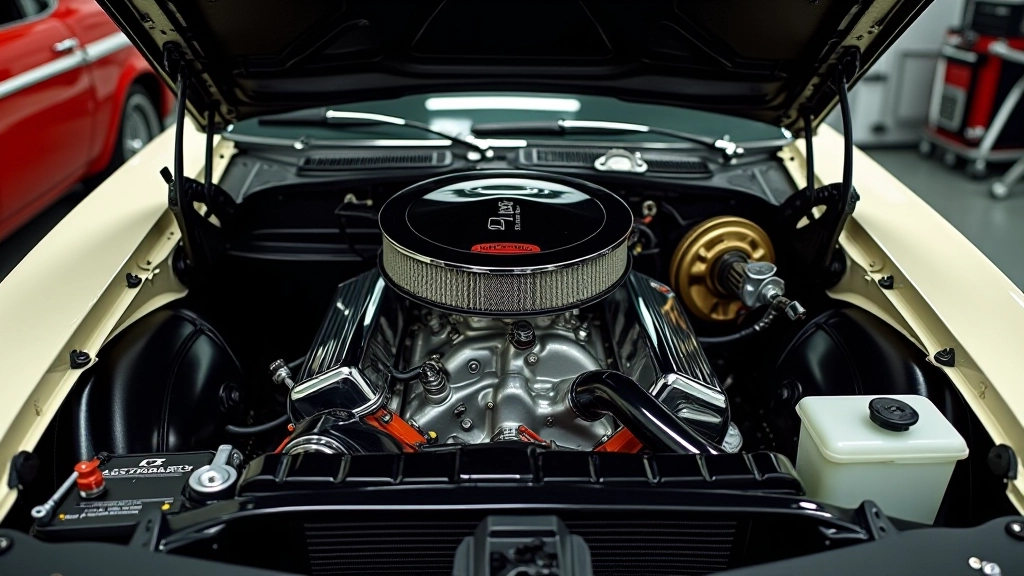Avatud muscle car'i mootorimuum, näidates suurt V8 mootorit, kroom-detaile ja jõulist tehnika korraldust