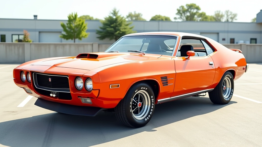 1970. aastate muscle car'i külgvaade, näidates pindseid külgi ja agressiivset disaini detaile