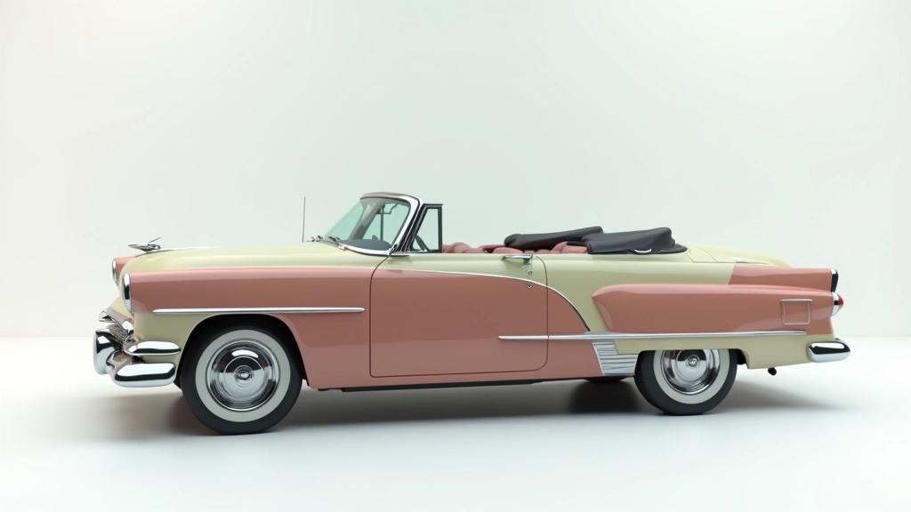 Klassikaline 1950. aastate auto külje vaade, näidates kraasitud pindasid ja kahe värviga disaini, päevavalguses, terav fokus