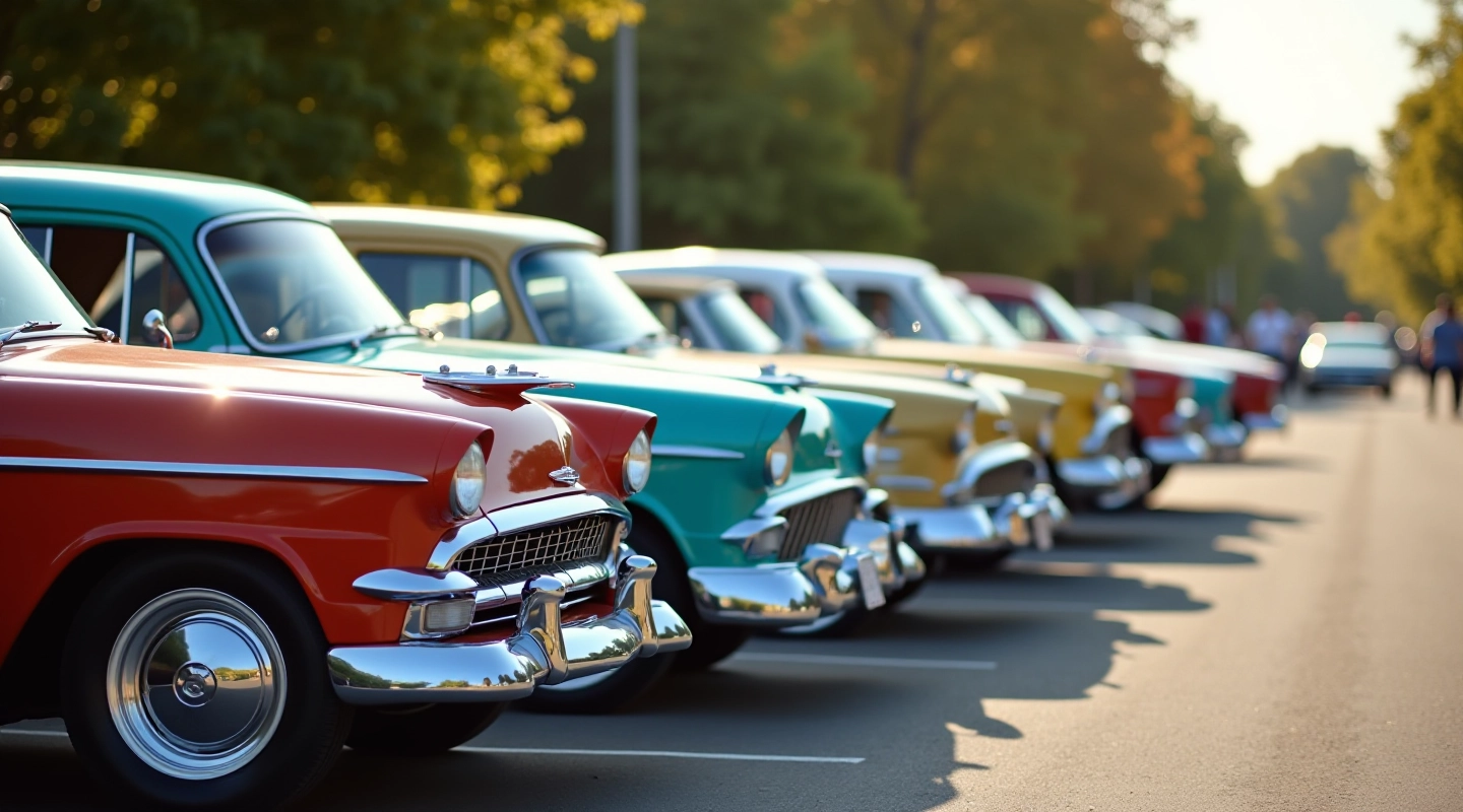 Klassikalised 1950. aastate autod krossvormis, kroomi detailidega, parklas seismas