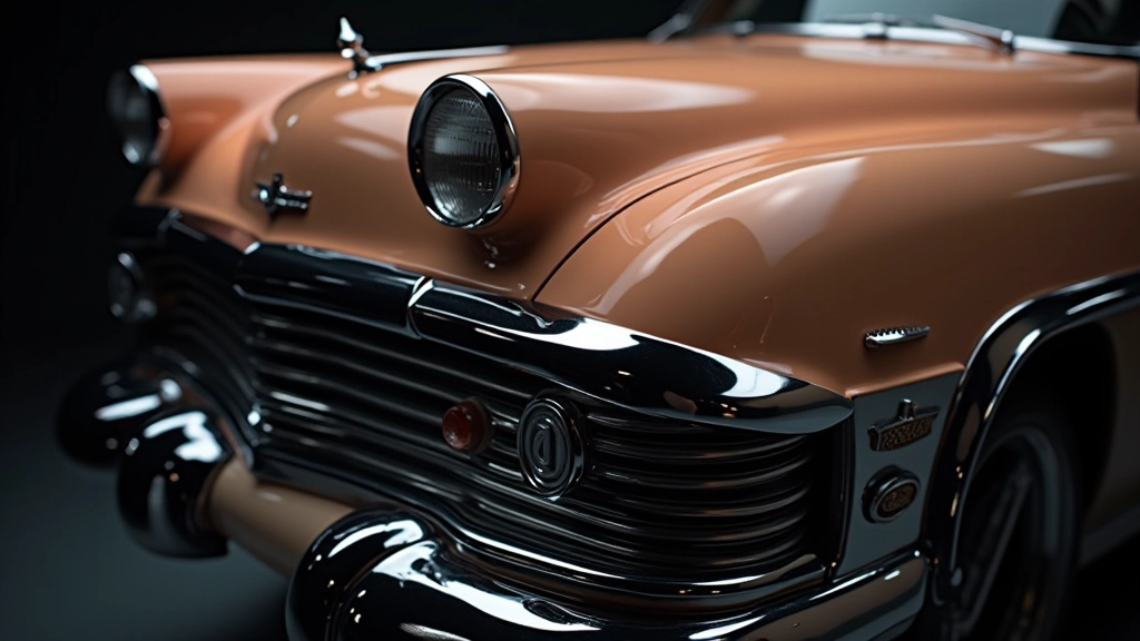 Klassikalise 1950. aastate auto lähedvaade, kujutades kroomi trimmid ja glänssivat värvi, pealtvaade, terav fokus