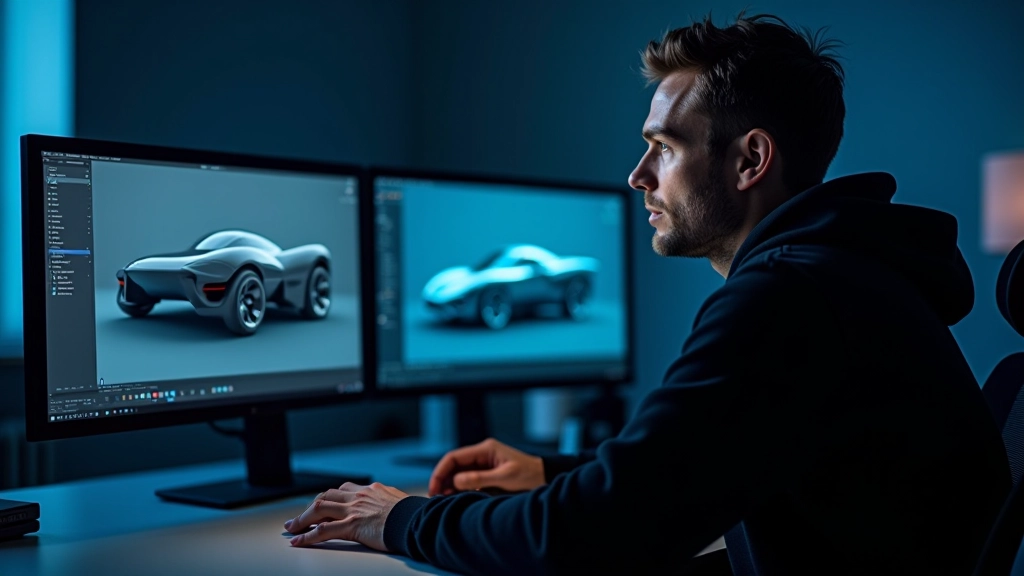Disaineri arvuti töölaud, CAD-tarkvara ekraanil auto 3D-mudel, modernsed joonised, professionaalse disainistudio keskkond