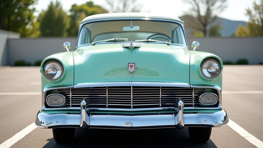Klassikaline 1950. aastate auto esikülg, näidates kahevärvilist värvistust ja kroomi detaile, esialkoht, päevavalgus