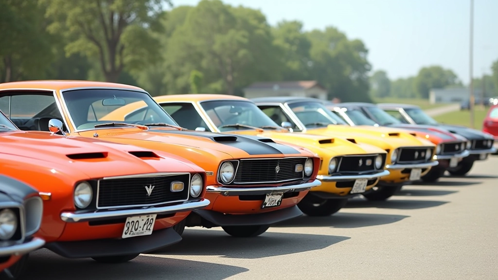 Mitme 1970. aastate muscle car'i frontnäkus rida, näidates erinevaid värve ja agressiivse disainilinja variatsioone