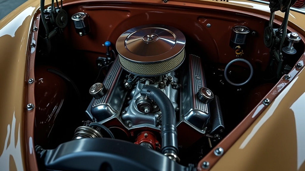 Vintaaž 1950. aastate auto mootor, näidates V8 mootorit ja tehnilist disaini, pealtvaade, professionaalne valgus