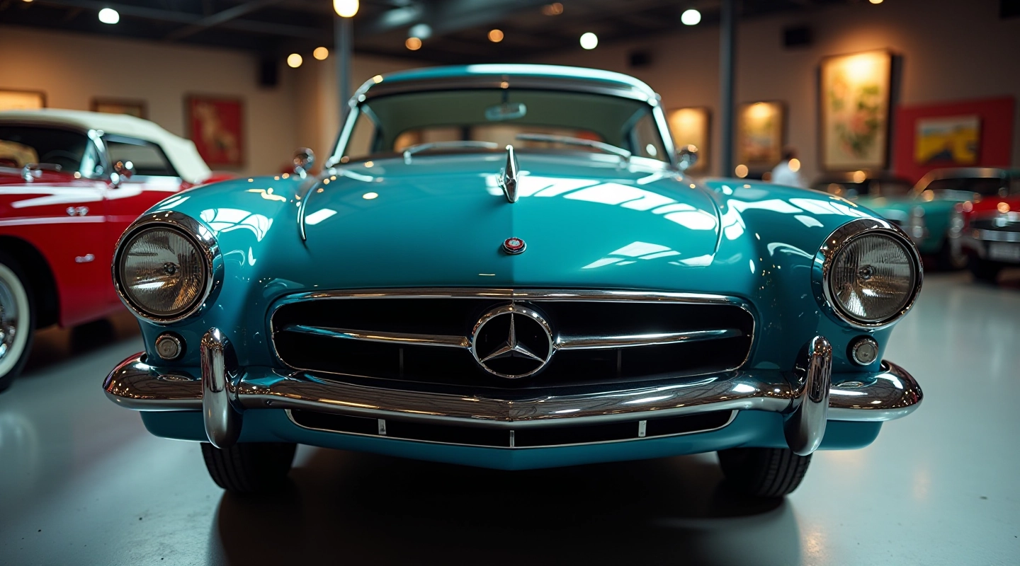 1950. aastate klassikaline auto kuldkroomi detailidega, muuseumi ekspositsioon